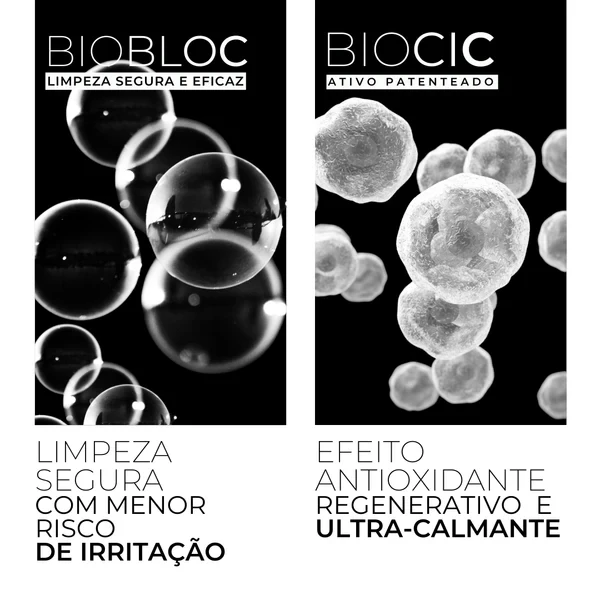 Painel técnico do fabricante. BioBloc: limpeza segura e eficaz, limpeza segura com menor risco de irritação. BioCic: ativo patenteado, efeito antioxidante regenerativo e ultra-calmante.