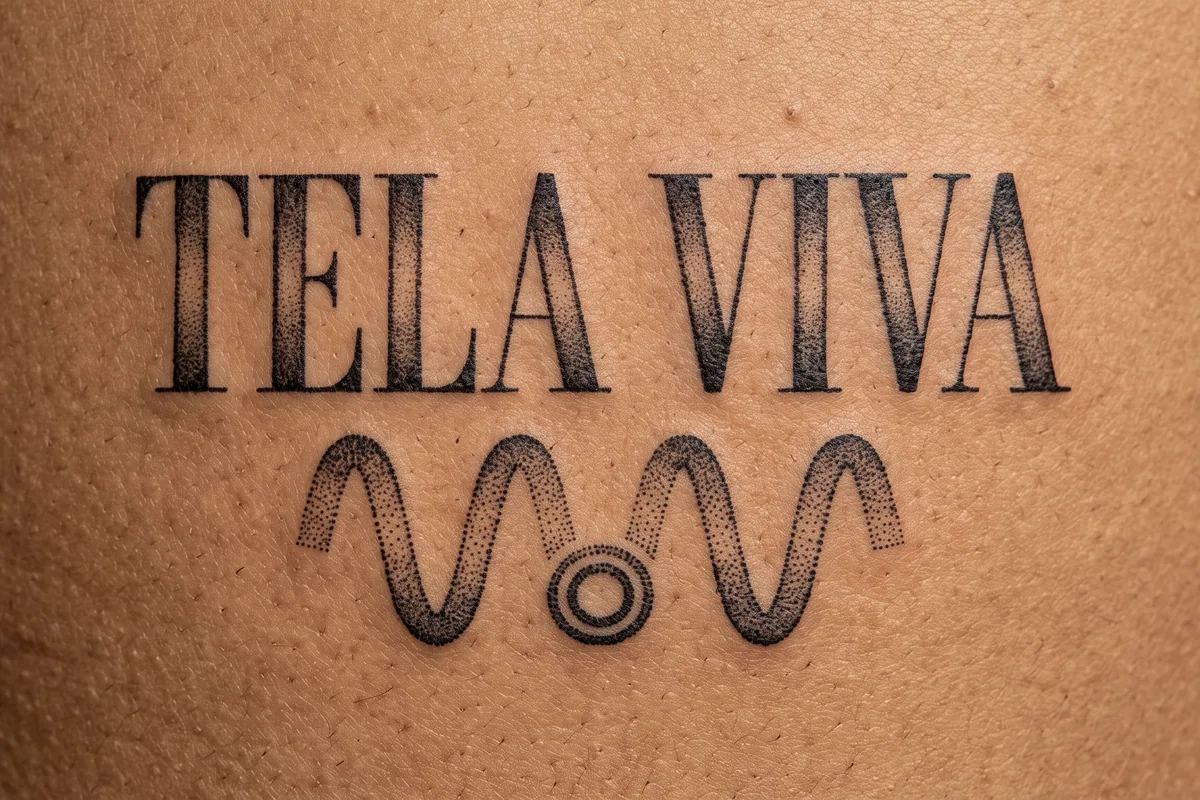 Marca Tela Viva tatuada em pele de tom médio